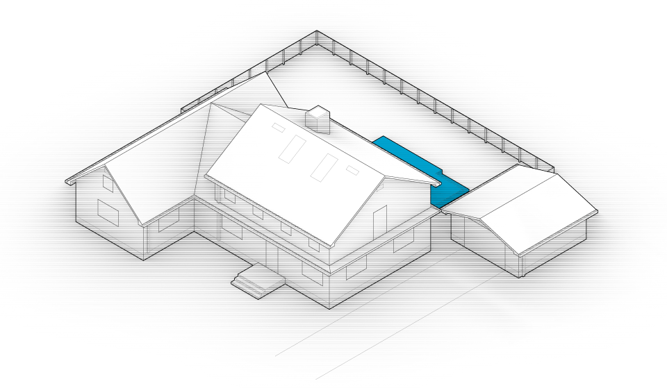 Diagram of the house with the swimming pool highlighted in blue.