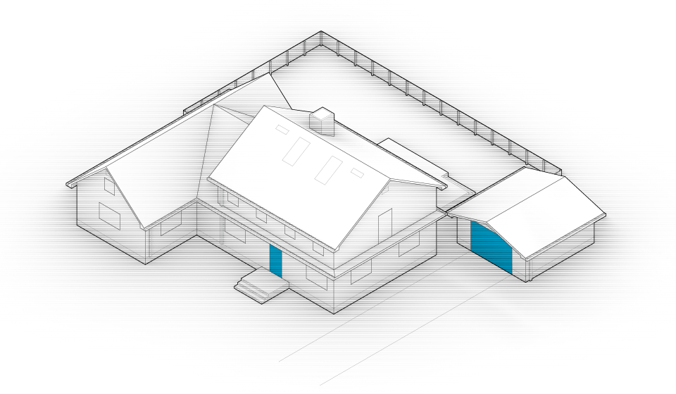 Diagram of the house with door and garage door highlighted in blue.