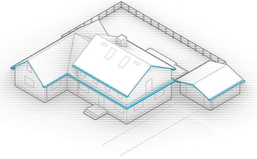 Diagram of the house with eaves and overhangs highlighted in blue.