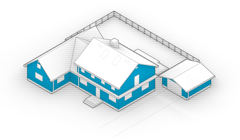 Diagram of the house with walls and sidings highlighted in blue.