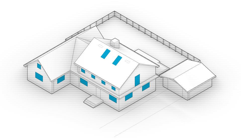 Diagram of the house with windows and skylights highlighted in blue.