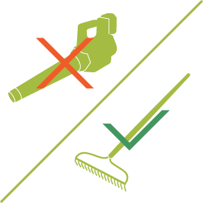 Icon of a leaf blower with a red cross on it, and a rake with a green check mark.